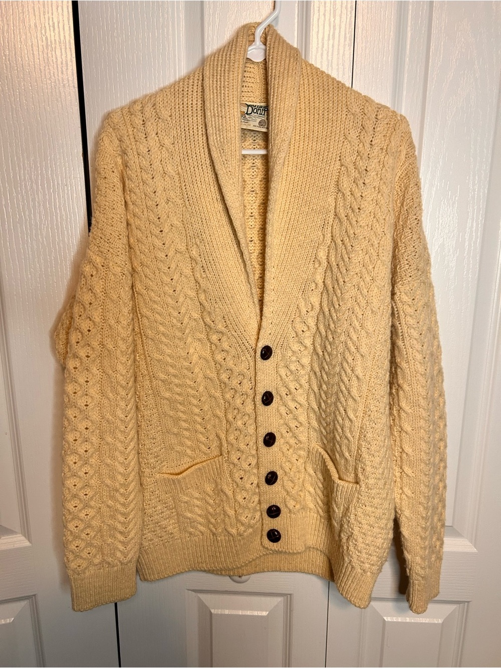 Carraig Donn 100% Wool Cable Cardigan Knit Sweater Ireland Cream XL Vintage